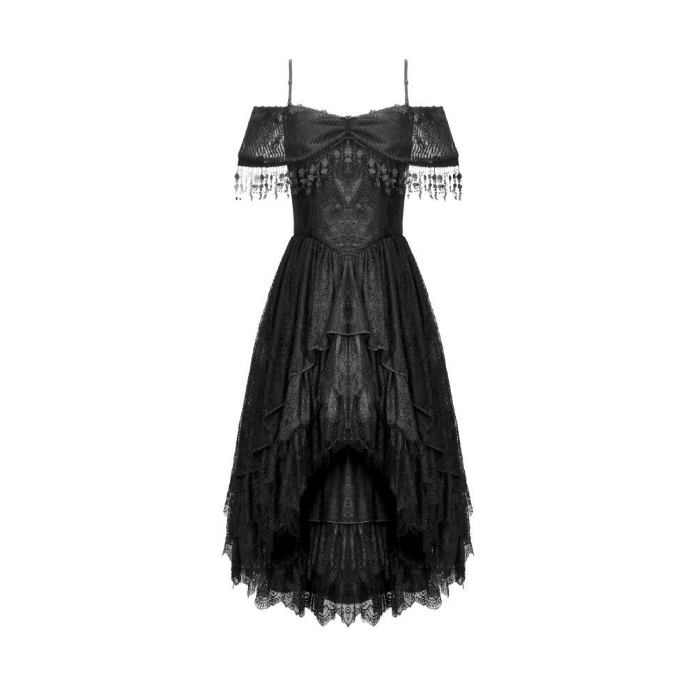 Dark in Love - Gothic Black Lace OffShoulder High low dress - Black
